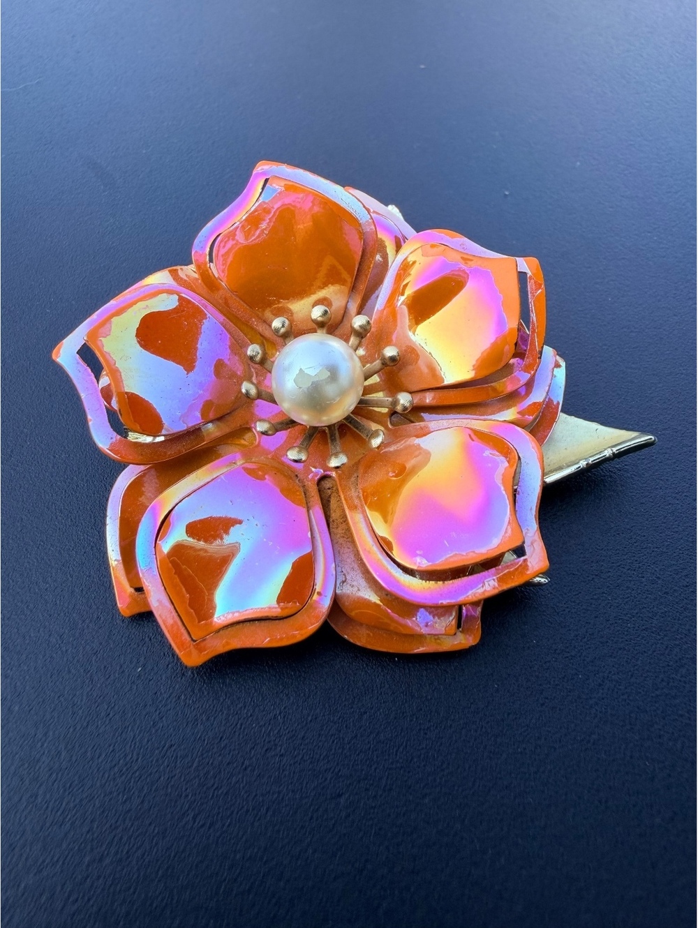 Vintage Iridescent Orange Enamel Flower Brooch Faux Pearl - Picture 6 of 6